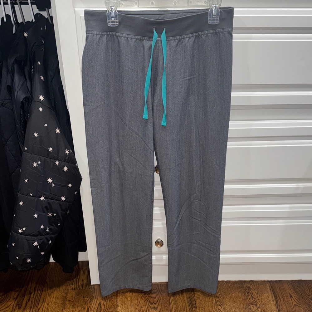 Figs Gray Pants with Teal Drawstring